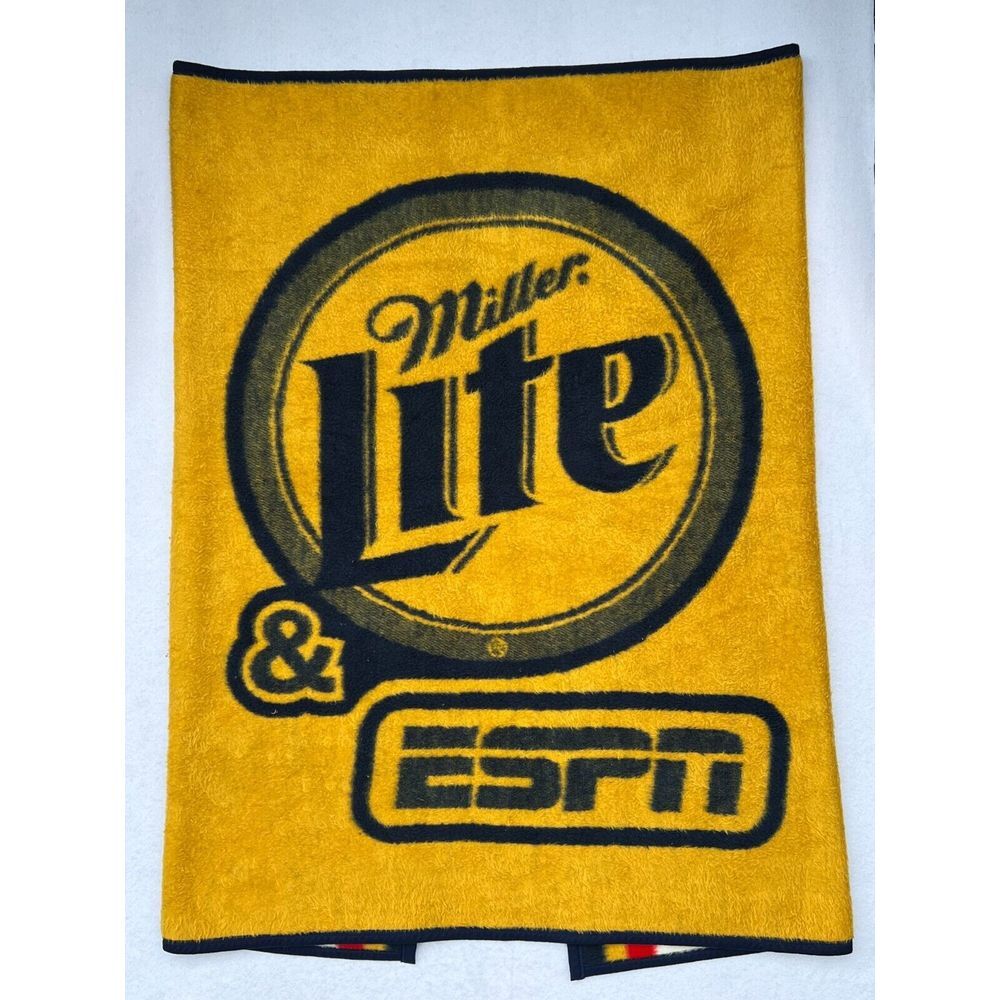 Miller Lite Biederlack Blanket Throw ESPN 80" X 60" USA Gold Red‎ Blue Vtg 80s